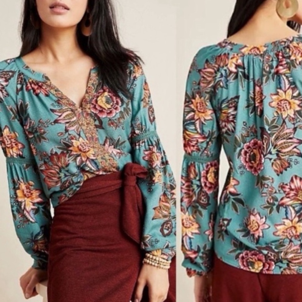 Farm Rio Anthropologie Paola Floral Peasant Blouse Size XS - Picture 2 of 8